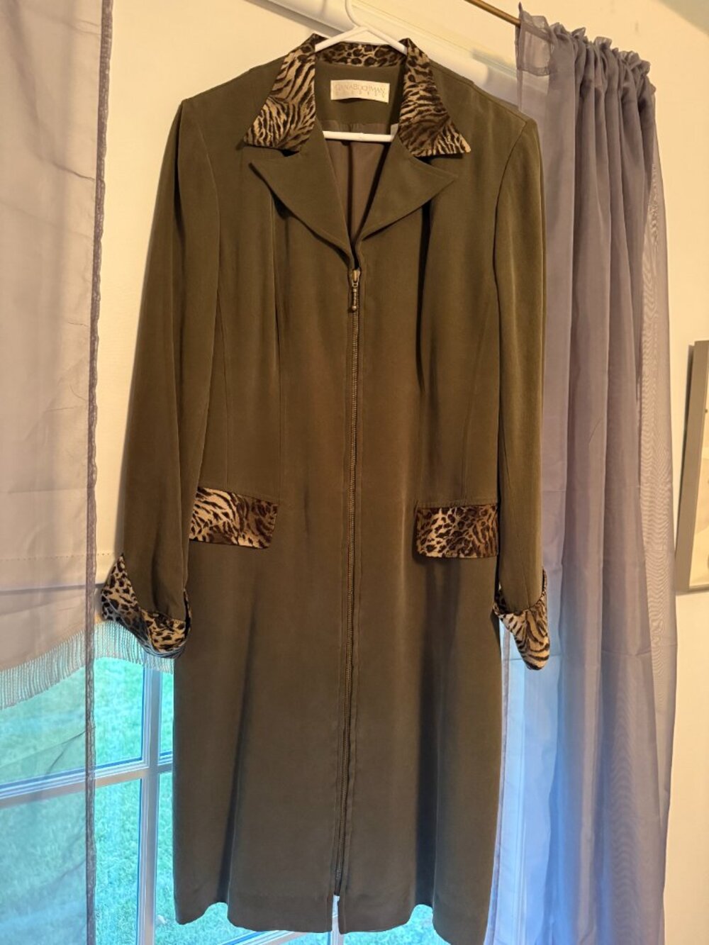 Vintage Dana Buchman 100% Silk Animal Print Trim Zip Coat Dress Size 12